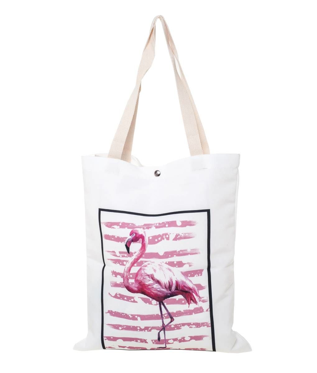 Shopper bag λευκή με σχέδιο flamingo